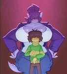 anthro big_breasts bottomwear breasts brown_hair clothed clothing duo female fingers hair hair_over_eyes hands_on_own_hips huge_breasts jacket long_hair male non-mammal_breasts pants purple_body purple_hair sweater tail thick_thighs topwear wide_hips bigdad deltarune undertale_(series) kris_(deltarune) susie_(deltarune) human lizard mammal reptile scalie