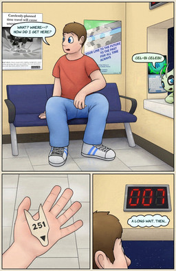 3_panel_comic ambiguous_gender bench blue_bottomwear blue_clothing blue_eyes blue_jeans blue_pants bottomwear brown_hair calendar clothing denim denim_bottomwear denim_clothing dialogue feral footwear green_body hair holding_ticket jeans now_serving on_bench open_mouth pants pokemon_speak poster red_clothing red_shirt red_topwear shirt shoes sitting sitting_on_bench solo speech_bubble text ticket time_gear topwear waiting_room crizbn nintendo pokemon pokemon_mystery_dungeon spike_chunsoft celebi generation_2_pokemon human legendary_pokemon mammal pokemon_(species) 2025 comic english_text hi_res
