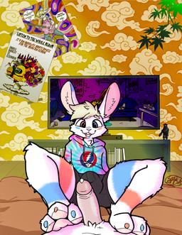 3_toes anthro barefoot bean_bag bed bedroom big_ears blonde_hair blue_eyes blue_markings bodily_fluids bottomwear casual_clothing claws clothed clothing colored_nails colored_toenails cum digitigrade duo electronics erection eye_contact feet foot_fetish foot_focus foot_play footjob fur furniture genital_fluids genitals hair hindpaw hoodie looking_at_another looking_at_viewer lounging male male/male markings multicolored_body multicolored_fur nails nude open_mouth pants partially_clothed pastel_clothing pawpads paws penile penis pink_pawpads poster pov_footjob precum print_clothing print_hoodie print_topwear psychedelic red_markings relaxing sex sitting smile television text tie-dye toenails toes tongue topwear two-footed_footjob white_body white_fur sansalembic_(artist) cartoon_network ed_edd_n_eddy fallout gnarls_barkley grateful_dead microsoft sugaree lagomorph leporid mammal protectron_(fallout) rabbit digital_media_(artwork) english_text hi_res