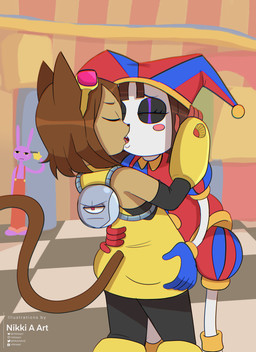 anthro big_ears blue_clothing blue_gloves blue_handwear blush bodily_fluids brown_body brown_fur clothing crying duo_focus eyes_closed eyewear eyewear_on_head female fool's_hat french_kissing fur gloves goggles goggles_on_head group gun gun_to_head hand_on_another's_butt hand_on_butt handgun handwear hat headgear headwear holding_gun holding_handgun holding_object holding_pistol holding_ranged_weapon holding_weapon humanoid_hands jester kissing machine making_out male medium_hair overalls pistol purple_body purple_fur ranged_weapon red_clothing red_gloves red_handwear red_overalls standing tail tears thin_tail trio weapon yellow_clothing yellow_gloves yellow_handwear nikkiaart gameoverse glitch_productions the_amazing_digital_circus jax_(tadc) kaboodle_(gameoverse) kit_bodega pomni_(tadc) domestic_cat felid feline felis humanoid lagomorph leporid mammal rabbit robot absurd_res digital_drawing_(artwork) digital_media_(artwork) hi_res
