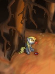 3:4 abandoned blonde_hair bubble bubbles_(mlp_fanfic) cutie_mark derp_eyes derpy_hooves_(mlp) detailed_background equid equine feathered_wings feathers female feral forest friendship_is_magic grey_body grey_feathers hair hasbro mammal my_little_pony mythological_creature mythological_equine mythology outside pegasus plant sgolem soap_bubbles solo tail tree wings wood yellow_eyes young