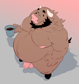 anthro balls beard belly beverage big_belly black_beard black_facial_hair brown_body brown_fur coffee coffee_mug facial_hair fur genitals gradient_background high-angle_view hooves horn looking_at_viewer male moobs nipples nude_anthro nude_male obese obese_anthro obese_male overweight overweight_anthro overweight_male penis pink_balls pink_nipples pink_penis simple_background smile solo standing juicestandmango mango_(juicestandmango) bovid bovine cattle mammal 2023 hi_res