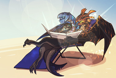 2_heads 2_tails >_< black_body black_scales blue_teeth claws conjoined conjoined_twins crossed_legs desert duo enjoying eyes_closed feral folding_chair glowing_veins happy head_horn horn humor hydra_problems lens_flare light light_beam male male_feral membrane_(anatomy) membranous_wings multi_head multi_tail pain scales shadow sitting slim_feral slim_male spread_wings sunbathing sunbathing_mirror sunbeam sunlight tail teeth tongue two_headed_dragon underbite wing_claws wings yellow_tongue rikokyu dota mythology valve varying_degrees_of_want jakiro_the_twin_headed_dragon dragon mythological_creature mythological_scalie scalie 2022 cel_shading digital_drawing_(artwork) digital_media_(artwork) english_description full-length_portrait portrait shaded brother_(lore) brothers_(lore) sibling_(lore) twins_(lore)