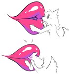 5_fingers anthro blush breasts disembodied_mouth duo eyelashes female fingers fur hair huge_lips kissing kissing_head lips medium_breasts open_mouth pink_lips raised_tail simple_background snout tail tongue two_frame_image white_background bigsteppies canid fella_(aimkid) mammal