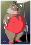 anthro bodily_fluids border bow_tie brown_body brown_fur clothed clothing crossdressing fur humanoid_hands kemono male overweight overweight_anthro overweight_male solo sweat white_border neko_no_hito odd_taxi kensuke_shibagaki_(odd_taxi) mammal suid suina sus_(pig) wild_boar 2021 hi_res