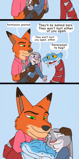 anthro blue_body blue_scales clothed clothing coiling_around_body dialogue fangs female feral fox_tail fur green_eyes grey_body grey_fur group group_hug hug hugging_another male pointy_ears purple_eyes rabbit_ears scales scarf scratched_hand tail teeth text trio yellow_sclera phoenixfire disney zootopia gary_de'snake judy_hopps nick_wilde canid canine european_rabbit fox lagomorph leporid mammal oryctolagus pit_viper rabbit red_fox reptile scalie snake true_fox viper absurd_res comic english_text hi_res long_image tall_image