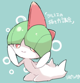 ambiguous_gender clothing forehead_horn hair hair_over_eye on_model pseudo_clothing pseudo_hair red_eyes simple_background solo text white_sclera young yakiniku628 nintendo pokemon generation_3_pokemon humanoid pokemon_(species) ralts japanese_text