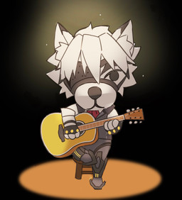 acoustic_guitar anthro black_tie_(suit) chair clothed clothing dot_eyes eye_patch eyewear fur furniture fusion guitar hair looking_at_viewer male musical_instrument on_chair plucked_string_instrument simple_background simple_eyes sitting sitting_on_chair solo spotlight string_instrument suit toony white_body white_fur white_hair naengbi1008 animal_crossing mihoyo nintendo zenless_zone_zero k.k._slider von_lycaon canid canine canis mammal wolf 2025 crossover full-length_portrait hi_res portrait