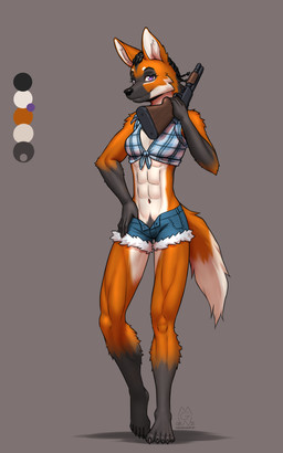 5_fingers abs anthro athletic athletic_anthro athletic_female barefoot biped black_hair bottomwear breasts brown_body brown_fur brown_tail clothed clothed_anthro clothed_female clothing countershade_torso countershading daisy_dukes denim denim_bottomwear denim_clothing denim_shorts feet female fingers front_view fully_clothed fully_clothed_anthro fully_clothed_female fur gun hair holding_gun holding_object holding_ranged_weapon holding_weapon hotpants looking_at_viewer medium_breasts midriff muscular muscular_anthro muscular_female navel open_bottomwear open_clothing open_shorts pattern_clothing pattern_shirt pattern_topwear plaid plaid_clothing plaid_shirt plaid_topwear pubes purple_eyes ranged_weapon shirt shorts shotgun simple_background smile solo standing tail tied_shirt topwear unbuttoned weapon mykegreywolf canid canine mammal maned_wolf 2025 5:8 absurd_res digital_drawing_(artwork) digital_media_(artwork) hi_res