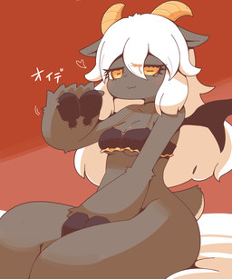 2_horns anthro beckoning bed bedding biped black_hands bottomless bra bra_only closed_smile clothed clothing female female_anthro frilly frilly_bra frilly_clothing frilly_underwear fur furniture gesture grey_body grey_fur hair horizontal_pupils horn long_hair looking_at_viewer mostly_nude mostly_nude_anthro mostly_nude_female mouth_closed on_bed orange_horn pupils red_background scut_tail short_tail simple_background sitting sitting_on_bed slim slim_anthro slim_female smile solo tail three-quarter_view underwear underwear_only white_hair yellow_eyes crepix bovid caprine goat mammal 2023 5:6 digital_drawing_(artwork) digital_media_(artwork) hi_res shaded soft_shading