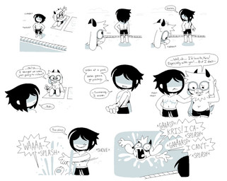 ambiguous_gender anthro asphyxiation belly blush bottomwear clothing dialogue drowning duo eyewear flailing glasses horn male mastectomy_scar navel nipples pushed scar shorts slightly_chubby slightly_chubby_anthro slightly_chubby_male smile smirk swimming_pool swimwear text water honkadoi deltarune undertale_(series) ralsei bovid caprine goat human mammal comic english_text hi_res nonbinary_(lore)