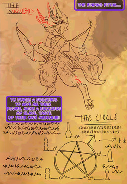 anthro book cheek_tuft demonic facial_tuft fluffy fluffy_ears fluffy_tail hooves membrane_(anatomy) membranous_wings neck_tuft occult_symbol open_book pentagram picture_book spade_tail symbol tail text tuft wings halfpricesouls demon hybrid succubus absurd_res comic english_text hi_res