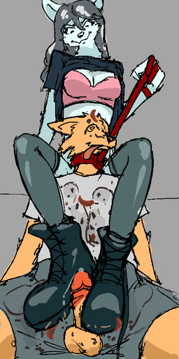 anthro balls bodily_fluids bootjob boots boxers_(clothing) bra clothed clothing collar dirt dirty dirty_clothing dirty_shoes duo feet female foot_fetish foot_on_penis foot_play footjob footprint footwear genital_fluids genitals leash leash_pull leaves_on_body legwear looking_down looking_down_at_another male male/female penile penis pink_bra pink_clothing pink_underwear precum precum_string raised_clothing raised_shirt raised_topwear sex shirt shoe_fetish shoejob shoes spiral spiral_eyes t-shirt thigh_highs tongue tongue_out topwear underwear hieronymusjohnson canid canine mammal aliasing binary_drawing digital_drawing_(artwork) digital_media_(artwork)