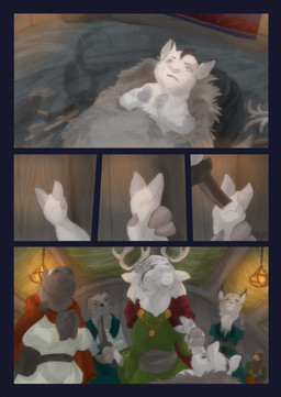 3_fingers ambiguous_gender anthro antlers brown_body clothed clothing eyes_closed fingers fur grey_body grey_fur group hooved_fingers hooves horn knife pouch_(clothing) white_body white_fur young young_ambiguous young_anthro bjekkergauken the_weapon_thief aurochs avian bear bird bovid bovine canid canine canis deer mammal recently_extinct_species wolf 2025 colored comic hi_res