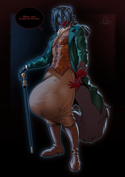 anthro balls_outline big_bulge biped black_body black_fur blood blood_stain blue_eyes bodily_fluids boots bottomwear bulge cane clothing detailed_bulge footwear fur genital_outline gloves glowing glowing_eyes hair handwear holidays huge_bulge hyper hyper_bulge male male_anthro pants ponytail puffy_shirt shoes solo speech_bubble suit suit_jacket tail text topwear vest boosterpang halloween myka_stelida american_mink mammal mink mustelid musteline neovison true_musteline vampire 2025 english_text hi_res