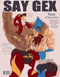 animal_mask backsack balls barcode beak blush bulge bulge_size_difference clothed clothing detailed_bulge flexing genitals male male/male mask muscular muscular_male nipples partially_clothed penis size_difference text wrestler wrestling_outfit demitiger1 fatal_fury neptune_mereaux tizoc animal_humanoid avian avian_humanoid bird bird_humanoid bluebird eastern_bluebird humanoid oscine passerine thrush_(bird) absurd_res cover english_text hi_res magazine_cover