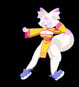 anthro asian_clothing bouncing_breasts breasts chinese_clothing chinese_dress cleavage cleavage_cutout clothed clothing cutout dress east_asian_clothing eyewear female footwear fur glasses martial_arts pelvic_curtain pink_body pink_fur shoes sneakers solo spiral_glasses white_body white_fur yellow_clothing yellow_dress lp8000mao canid canine fox mammal animated no_sound short_playtime video