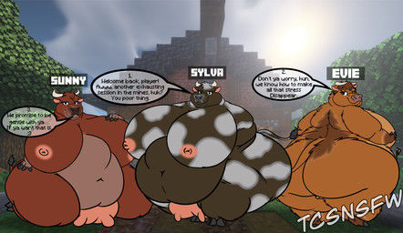 anthro background_image barn belly big_belly big_breasts big_butt big_udders breasts butt female group huge_belly huge_breasts huge_butt huge_thighs huge_udders kneeling nipples nude nude_anthro nude_female obese obese_anthro obese_female overweight overweight_anthro overweight_female rear_view speech_bubble text thick_thighs trio cartoonyshepherdnsfw microsoft minecraft mojang xbox_game_studios bovid bovine cattle cow_(minecraft) creeper_(minecraft) mammal absurd_res english_text hi_res
