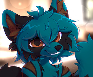 ambiguous_anthro ambiguous_gender anthro black_body black_fur black_nose black_tail blue_body blue_fur blue_hair blue_tail blurred_background brown_body brown_ears brown_fur brown_hair fangs front_view fur glistening glistening_eyes grin hair looking_at_viewer messy_hair nude short_hair smile solo tail teeth bloominglynx slash_(slashster) canid canine mammal absurd_res bust_portrait digital_drawing_(artwork) digital_media_(artwork) hi_res portrait signature