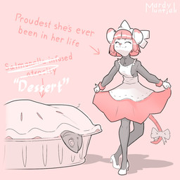 accessory anthro apron baking bangs bottomwear bow_accessory bow_ribbon breasts clothed clothing cooking curtsey dead_eyes dessert eyes_closed female food footwear furgonomics hair high_heels legwear maid_apron maid_headdress maid_uniform meat micro pastry pie pink_hair proud raw_meat ribbons shoes simple_background skirt smile solo tail tail_accessory tail_bow tail_ribbon text topwear uniform white_body mardymuntjak renfri_(mardymuntjak) fish mammal marine murid murine rat rodent 1:1 2025 artist_name digital_media_(artwork) hi_res