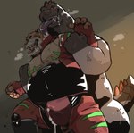 ambiguous_penetration anthro armor belly big_belly blood blood_in_mouth bodily_fluids bruised bruised_face clothing cum duo forced genital_fluids male male/male nosebleed overweight overweight_male penetration rape restrained saliva tight_clothing garouzuki godzilla_(series) toho godzilla felid kaiju mammal pantherine scalie tiger hi_res