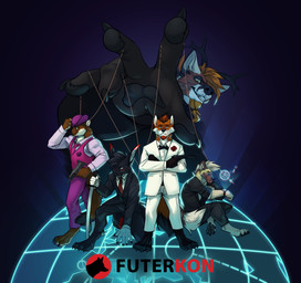 anthro antlers black_antlers black_body black_bottomwear black_claws black_clothing black_fur black_hair black_nose black_pawpads black_topwear blonde_hair blue_eyes bottomwear brown_body brown_eyes brown_fur brown_hair claws clothed clothing fur green_eyes grin group gun hair hat headgear headwear holding_gun holding_melee_weapon holding_object holding_ranged_weapon holding_sword holding_weapon horn kneeling male male_anthro melee_weapon orange_body orange_fur pawpads pink_clothing pink_topwear purple_bottomwear purple_clothing purple_hat purple_headwear ranged_weapon sitting smile standing sword topwear weapon white_body white_bottomwear white_clothing white_fur white_topwear solaxe_(artist) canid canine deer fox hybrid hyena mammal mustelid musteline true_musteline weasel absurd_res hi_res