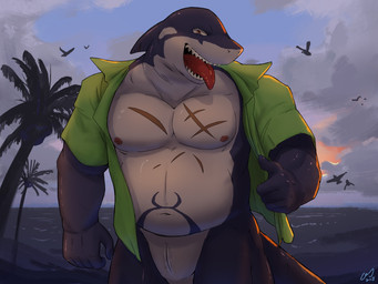 5_fingers animal_genitalia anthro beach belly bottomless clothed clothing fingers genital_slit genitals looking_at_viewer male mostly_nude muscular muscular_anthro muscular_male navel nipples open_clothing open_mouth open_shirt open_smile open_topwear palm_tree plant seaside sharp_teeth shirt slightly_chubby smile solo sunset teeth tongue tongue_out topwear tree oz_l4n lifewonders tokyo_afterschool_summoners typhon_(tas) aquatic cetacean dolphin fish hybrid mammal oceanic_dolphin orca shark toothed_whale 4:3 absurd_res hi_res