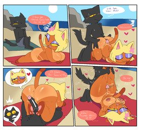 animal_ears anus areola beach belly big_breasts big_butt black_body black_ears black_fur black_penis blonde_hair blue_mascara blush blush_lines bodily_fluids border breasts brown_areola brown_nipples butt cat_tail cum cum_on_breasts cum_on_face cum_on_ground cum_on_leg d: dialogue duo ejaculation female flower_hair_accessory fur genital_fluids genitals green_towel hair heart_reaction hot_dogging lying male male/female mole_under_eye motion_lines navel nipples nude on_back on_front open_mouth orange_anus orange_body orange_breasts orange_fur orange_vulva outside paw_job pawpads paws penis pink_pawpads precum pupils red_towel sand sea sex short_hair sitting slit_pupils speech_bubble sun suntan sweat sweaty_face tan_line thigh_sex towel tremble_lines vaginal_fluids vaginal_fluids_on_leg vulva water white_border yellow_ears yellow_eyes snazzle_snapp felid feline mammal comic hi_res multiple_scenes