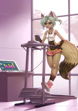 anthro bodily_fluids bottomwear breasts brown_body brown_fur cellphone clothed clothing computer detailed_background dolphin_shorts electronics exercise female fluffy fluffy_tail frown fur green_eyes green_hair hair holding_object holding_phone long_tail midriff music phone running shirt shorts skimpy smartphone solo sweat tail tank_top topwear treadmill alanscampos fatima canid canine fox mammal absurd_res hi_res
