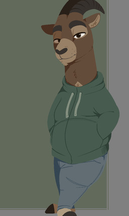 abstract_background anthro barefoot bottomwear brown_body brown_eyes brown_fur clothed clothed_anthro clothed_male clothing crossed_legs denim denim_bottomwear denim_clothing facial_hair feet fully_clothed fully_clothed_anthro fully_clothed_male fur goatee green_clothing green_hoodie green_topwear hands_in_both_pockets hoodie hooves horn jeans leaning_on_wall long_neck looking_at_viewer male overweight overweight_anthro overweight_male pants solo standing topwear conditional_dnp tangerine_(artist) bovid caprine goat ibex mammal 2026 3:5 aliasing binary_drawing digital_drawing_(artwork) digital_media_(artwork) full-length_portrait hi_res portrait