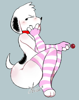 anthro big_butt blue_background blush butt candy clothing collar dessert femboy fingerless_gloves food gloves handwear legwear lollipop male pattern_clothing pattern_legwear pattern_thigh_highs simple_background solo stockings striped_clothing striped_legwear striped_thigh_highs stripes thigh_highs white_body starlit_aster peanuts_(comic) snoopy canid canine canis domestic_dog mammal hi_res