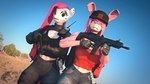 anthro anthrofied assault_rifle athletic backpack bad_trigger_discipline bag blue_eyes bottomwear breasts buckteeth clothing denim denim_bottomwear denim_clothing desert desert_background duo dutch_angle ear_piercing ear_ring electronics female fur gloves gun hair handwear hat headgear headwear holding_gun holding_object holding_ranged_weapon holding_shotgun holding_weapon jeans long_ears medkit muscular muscular_anthro muscular_female navel outside pants piercing pink_body pink_eyes pink_fur pink_hair radio ranged_weapon rifle ring_piercing shirt shotgun tank_top tattoo teeth topwear weapon ludexus friendship_is_magic hasbro my_little_pony pinkamena_(mlp) pinkamena_diane_pie pinkie_pie_(mlp) zafy_takada_(ludexus) equid equine horse lagomorph leporid mammal pony rabbit 16:9 3d_(artwork) 4k absurd_res digital_media_(artwork) hi_res source_filmmaker_(artwork) widescreen