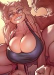 all_fours bared_teeth big_breasts biped blonde_hair bottomwear breasts cleavage cleavage_overflow clothed clothing crouching eyewear fangs female fluffy fluffy_hair fluffy_tail footwear front_view fully_clothed glasses grin hair huge_breasts humanoid_hands light_body light_skin long_hair looking_at_viewer low-angle_view monotone_hair narrowed_eyes quads shirt shoes shorts simple_background smile socks solo tail teeth topwear yellow_background yellow_eyes thefuckingdevil loyse animal_humanoid canid canid_humanoid canine canine_humanoid fox_humanoid humanoid mammal mammal_humanoid absurd_res digital_media_(artwork) hi_res shaded