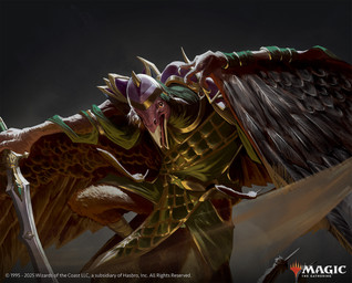 anthro armor beak black_background black_body black_feathers feathered_wings feathers headgear helmet holding_melee_weapon holding_object holding_sword holding_weapon male melee_weapon open_mouth simple_background solo sword text weapon wings kevin_glint hasbro magic:_the_gathering wizards_of_the_coast avian english_text hi_res official_art
