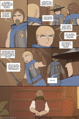 5_fingers armor beard blonde_hair breastplate clothed clothing dialogue dialogue_box facial_hair fingers gloves group hair handwear headgear helmet holding_object holding_weapon human_only inside male melee_weapon not_furry speech_bubble sword text weapon arbuzbudesh caska_(arbuzbudesh) human mammal 2026 2:3 colored comic english_text hi_res url