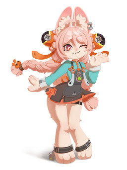4_fingers anthro braided_hair clothing ear_piercing ear_ring eyelashes feet female fingers fur hair heart_eyes heart_symbol inner_ear_fluff legband one_eye_closed piercing pigtails pink_body pink_fur pink_hair red_eyes ring_piercing smile solo standing thighband tuft twin_braids wink miakameron mihoyo zenless_zone_zero zhao lagomorph leporid mammal rabbit thiren 2026 absurd_res hi_res