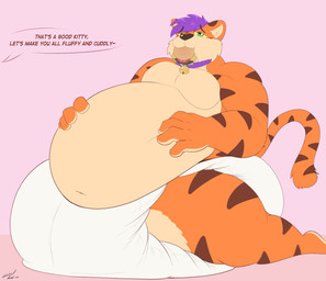 anthro belly_rub big_diaper clean_diaper collar diaper food_in_mouth kneeling male offscreen_character overweight overweight_male sitting solo weight_gain steelshark felid mammal pantherine tiger absurd_res hi_res