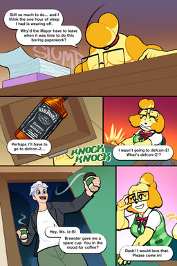 alcohol anthro beverage blush blush_stickers coffee coffee_cup container cup dialogue duo eyelashes eyewear female glasses holding_coffee_cup holding_container holding_cup holding_object long_eyelashes male motion_lines speech_bubble steam tail tail_motion tailwag text whiskey lovetopullmicke animal_crossing nintendo isabelle_(animal_crossing) villager_(animal_crossing) canid canine canis domestic_dog human mammal 2:3 absurd_res comic english_text hi_res