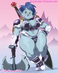 armor axe blue_body blue_hair blue_skin breasts cleavage clothed clothing eyewear female glasses hair hand_on_hip humanoid_pointy_ears not_furry pauldron pointy_ears sheathed_sword solo thick_thighs unconvincing_armor chickpea_(artist) disney onward_(2020) pixar laurel_lightfoot elf humanoid hi_res