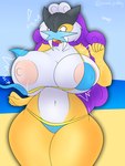 anthro big_breasts bikini bikini_bottom bikini_top breasts clothing female shocked solo swimwear two-piece_swimsuit wardrobe_malfunction punch_pubby nintendo pokemon felid feline generation_2_pokemon legendary_pokemon mammal pokemon_(species) raikou 3:4 hi_res