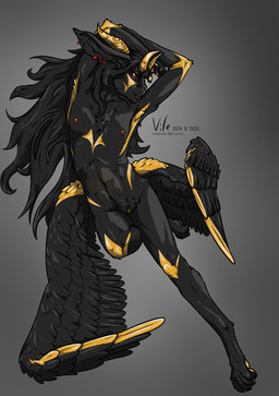 4_horns 4_toes andromorph anthro armpit_tuft barely_visible_pawpads black_body black_feathers black_fur black_vulva butt_wings cheek_tuft chest_tuft claws ear_piercing facial_tuft fangs feathered_wings feathers feet finger_claws fingerpads fingers floating front_view fur genitals grey_background hair hands_behind_head hip_wings horn intersex jewelry lips long_ears long_hair looking_aside multi_horn multicolored_eyes navel navel_piercing nipple_piercing nipples nude pawpads paws piercing pupils raised_arms red_eyes red_piercing simple_background slim slit_pupils snaggle_tooth solo teeth text toes tuft two_tone_eyes unusual_wing_placement vulva wavy_horn wings yellow_body yellow_eyes yellow_feathers yellow_fur yellow_horn yellow_lips yellow_nipples yellow_nose yellow_vulva corahlope leochne 2024 full-length_portrait hi_res portrait