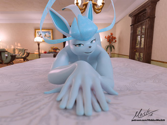 anthro ass_up bed bedroom bedroom_eyes female furniture narrowed_eyes nude nude_anthro nude_female seductive solo text hiddenmask18 nintendo pokemon eeveelution generation_4_pokemon glaceon pokemon_(species) 3d_(artwork) 4:3 blender_(artwork) digital_media_(artwork) url