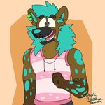 anthro blue_body blue_fur fur joyful male simple_background sleeveless_hoodie smile solo toony deskhyena desk_(deskhyena) hyena mammal 1:1 hi_res signature