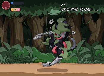 anthro big_breasts black_hair bodysuit breasts climbing clinging clothing cunnilingus deep_cunnilingus defeated erection exclamation_point female forced forest game_over gameplay_mechanics gangbang grey_body group group_sex hair hands_behind_head heart_symbol interrobang jungle larger_female licking long_tongue male male/female nipples oral oral_penetration outside penetration plant prehensile_tongue rape sex size_difference skinsuit small_dom_big_sub status_effect tail text tight_clothing tongue tongue_penetration torn_bodysuit torn_clothing trapped tree tremble_spikes user_interface vaginal vines potatobud3 domestic_cat felid feline felis lizard mammal reptile scalie english_text hi_res