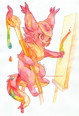 4_toes 5_fingers anthro brush feet female female_anthro fingers fur furniture holding_brush holding_object holding_paintbrush inner_ear_fluff on_stool open_mouth open_smile paintbrush painting_(action) pink_body pink_fur red_eyes simple_background sitting smile solo stool tail teeth text toes tuft white_background teacosies hi_res painting_(artwork) signature url watercolor_(artwork)