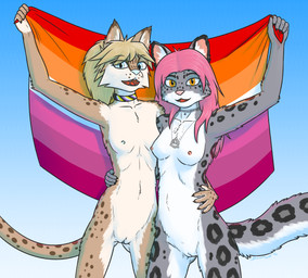bottomwear cargo_pants choker clothing collar crop_top duo female flag flag_(object) fur hair hand_on_side happy holding_flag holding_object jewelry lesbian_pride_colors lgbt_pride markings necklace nonbinary_pride_colors nude open_mouth pants ponytail pride_colors print_clothing print_shirt print_t-shirt print_topwear shirt shorts simple_background smile spots t-shirt tail therian_symbol topwear dawnlux lgbt_pride_month ane_(anetxuu) koko_(exoskye) cheetah felid feline mammal pantherine snow_leopard hi_res shaded nonbinary_(lore)