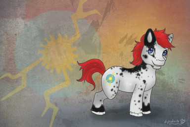 amputee blue_eyes disability feral grey_body hair male missing_leg missing_limb quadruped red_hair simple_background smile solo spots tail drpickelle hasbro my_little_pony fan_character flux earth_pony equid equine horse mammal pony
