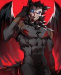 abs anthro black_body black_fur bone feathered_wings feathers forked_tongue fur glowing glowing_eyes long_tongue looking_at_viewer male muscular muscular_male pubes red_background simple_background skull skull_head solo standing tail tongue wings whymete skulldog_(species) absurd_res digital_drawing_(artwork) digital_media_(artwork) hi_res portrait