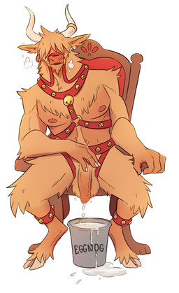 3_fingers anthro bodily_fluids bucket container cum cum_in_bucket cum_in_container fingers genital_fluids harness holidays horn male solo chradi christmas european_mythology greek_mythology mythology orlan_(chradi) bovid bovine cattle mammal minotaur hi_res