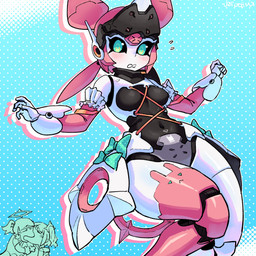 3_fingers 5_fingers ambiguous/ambiguous ambiguous_gender armwear backpack black_body black_sclera blue_background blush blush_lines bodily_fluids bow_ribbon breasts clothing dotted_background elbow_gloves female fingers floating frilly frilly_clothing frilly_gloves gloves green_eyes group hair halo handwear joints legwear looking_at_viewer looking_down looking_down_at_viewer machine medium_breasts metal_hair navel_outline nervous open_mouth pattern_background pigtails pink_clothing pink_gloves pink_hair pink_handwear pink_legwear pink_thigh_highs robotic_joints simple_background solo_focus sweat sweatdrop thick_thighs thigh_highs trio white_body wide_hips kaibootsu mihoyo yoshi_and_toad_kissing zenless_zone_zero aria_(zenless_zone_zero) nangong_yu_(zenless_zone_zero) sunna_(zenless_zone_zero) human humanoid mammal robot robot_humanoid 1:1 2026 digital_drawing_(artwork) digital_media_(artwork) hi_res meme signature